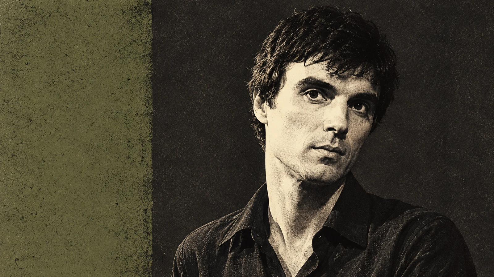 Editorial portrait illustration of David Byrne in his late-1970s appearance for the Fear of Music reissue announcement