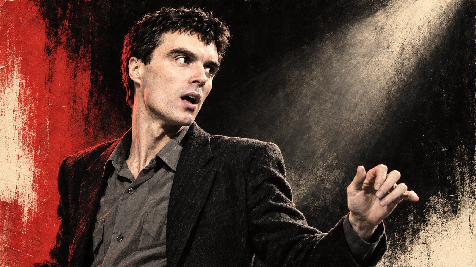 Editorial illustration of David Byrne with short dark hair and a dark jacket, in a 1980-era context.