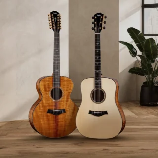 Taylor Legacy K65e LTD twelve-string Jumbo at left and Custom Legacy K10 LTD six-string Dreadnought at right