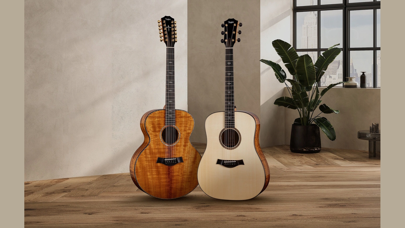 Taylor Legacy K65e LTD twelve-string Jumbo at left and Custom Legacy K10 LTD six-string Dreadnought at right