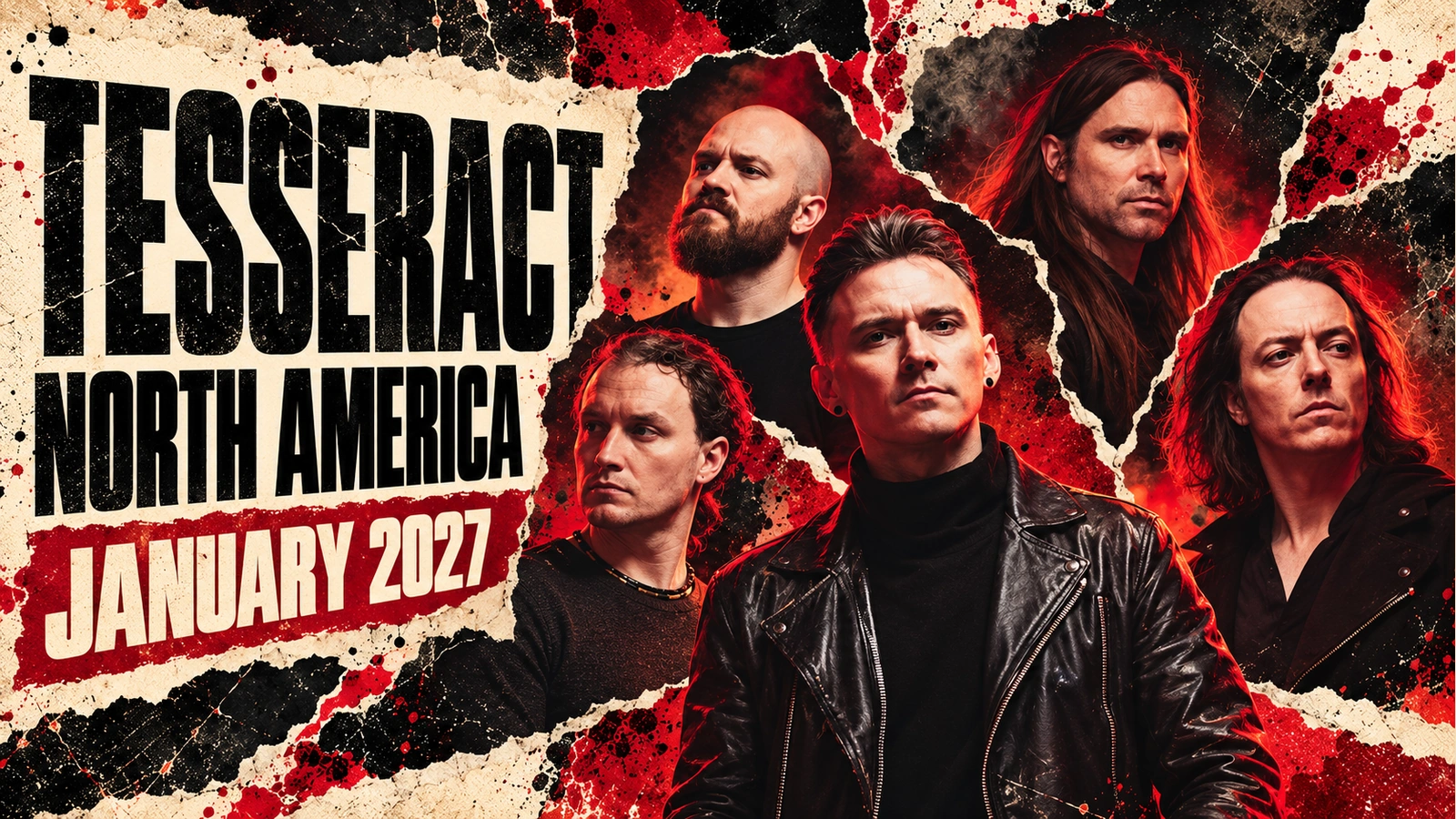 Editorial illustration of TesseracT's five members in a red, black and ivory collage, with January 2027 North American tour text.