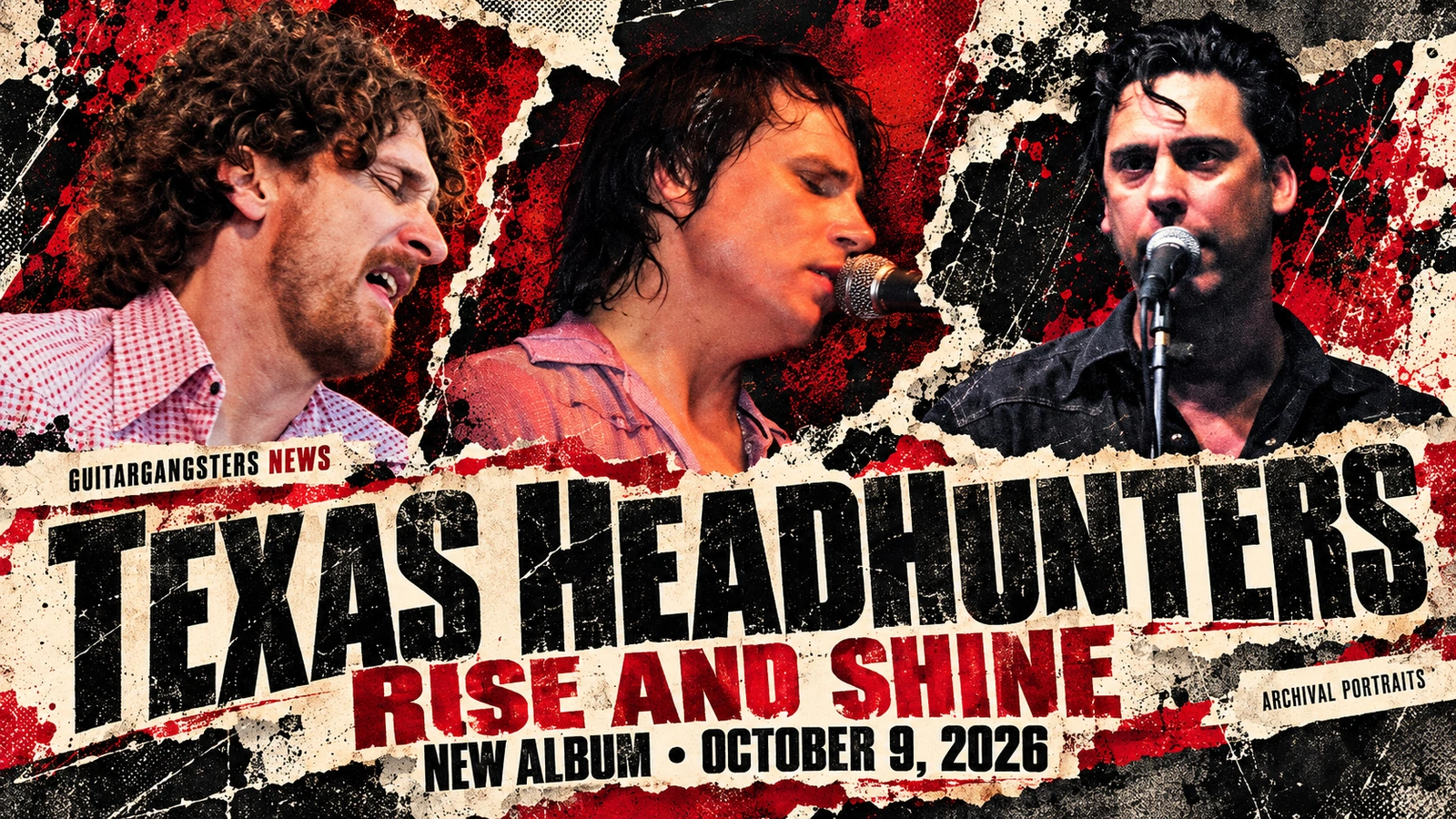 Illustrated archival portraits of Johnny Moeller, Ian Moore and Jesse Dayton for Texas Headhunters’ Rise and Shine release.