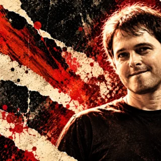 AI-assisted editorial illustration of Threshold guitarist Karl Groom against an ivory, red and charcoal background; not a documentary photograph.