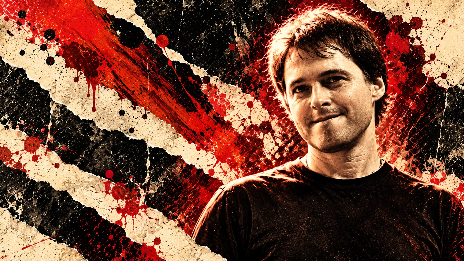 AI-assisted editorial illustration of Threshold guitarist Karl Groom against an ivory, red and charcoal background; not a documentary photograph.