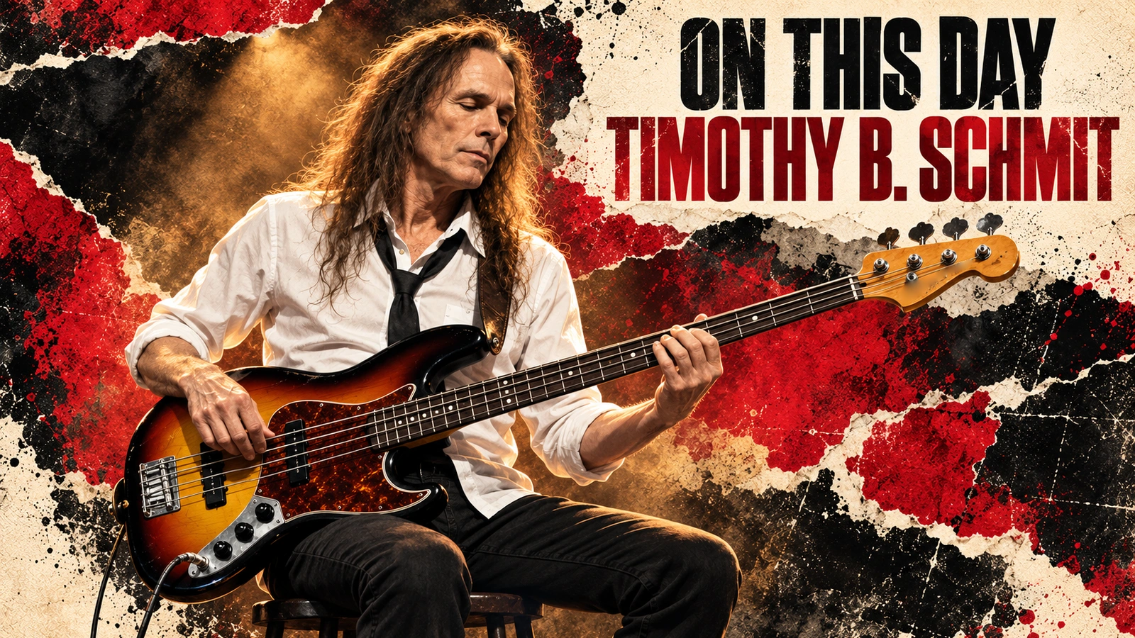 Editorial illustration of Timothy B. Schmit playing a four-string sunburst bass guitar, with On This Day lettering.