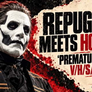 Editorial illustration of Tobias Forge in his archival 2022 Papa persona beside the headline Repugnant meets horror, about Premature Burial in V/H/S/Mixtape.