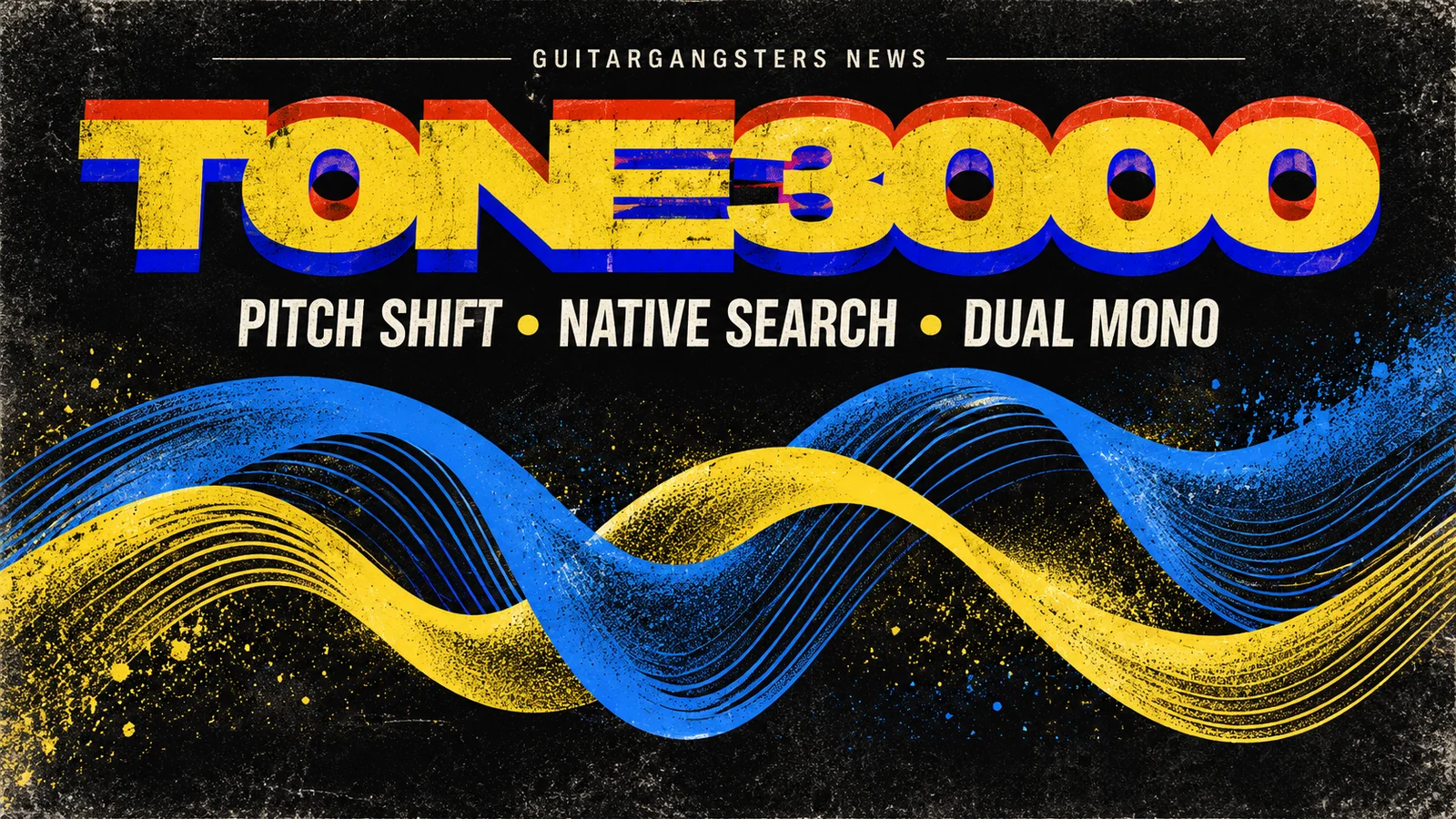 Conceptual TONE3000 artwork with abstract sound waves and pitch shift, native search and dual mono text.