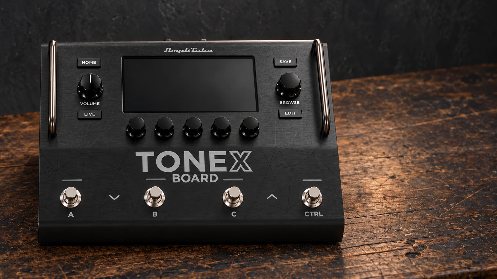 Original editorial illustration of a powered-off TONEX Board with four footswitches and an inactive display