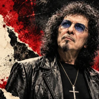 Editorial illustration of Tony Iommi in a black leather jacket and blue-tinted glasses.