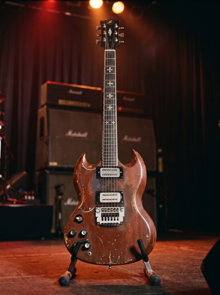 AI-generated reconstruction of Tony Iommi's Old Boy, based on reference photos; not a photograph.