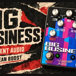 Editorial illustration of the Turbulent Audio Big Business pedal with seven control knobs and two footswitches