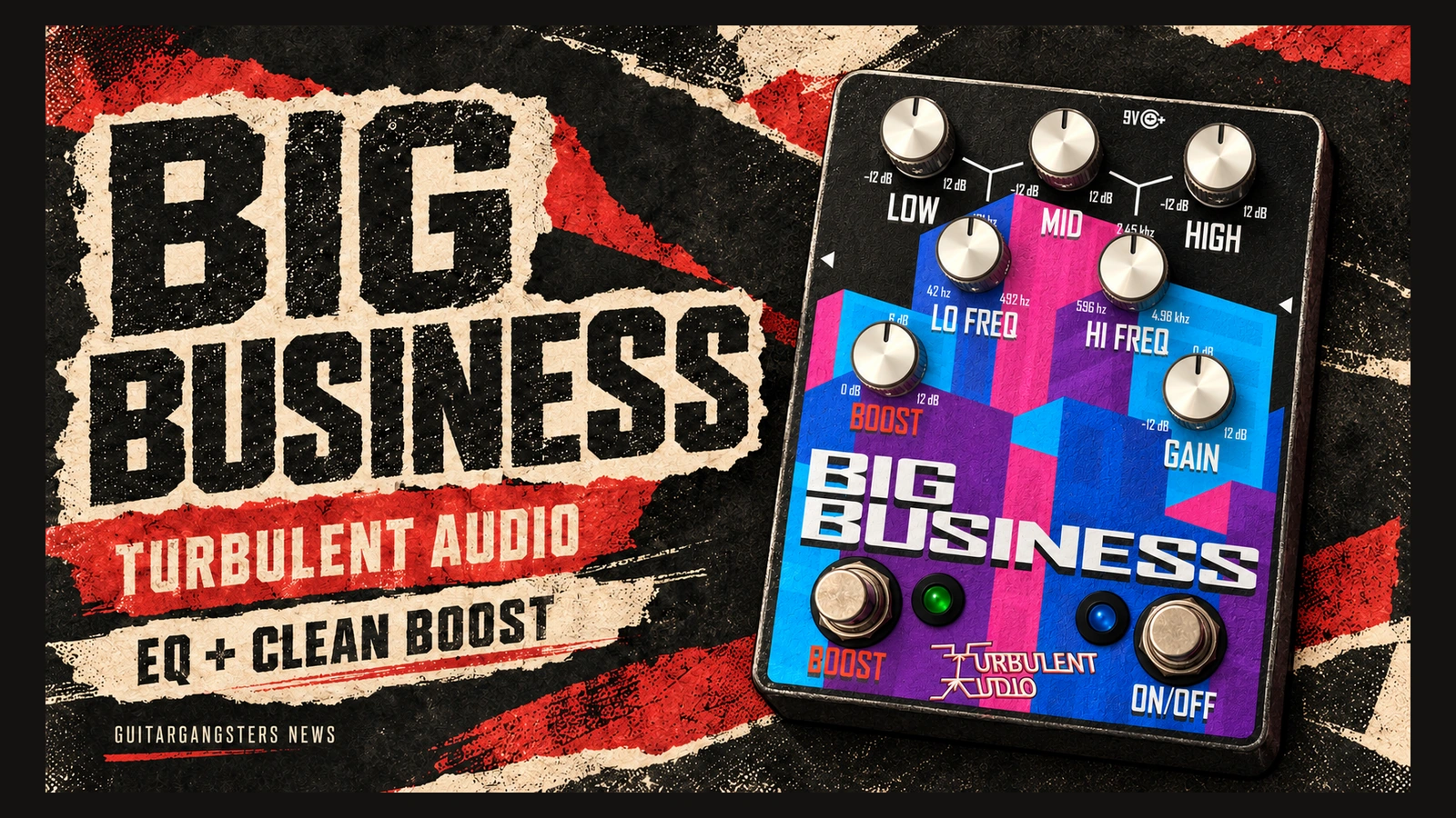 Editorial illustration of the Turbulent Audio Big Business pedal with seven control knobs and two footswitches