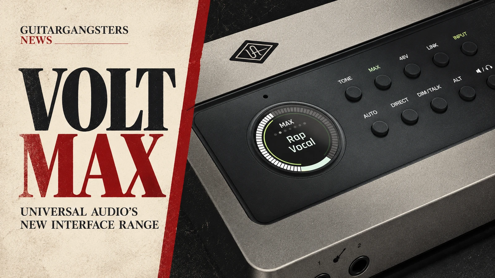 Editorial illustration of the Universal Audio Volt Max interface control panel with release headline