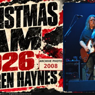 Christmas Jam 2026 editorial artwork with an archive photograph of Warren Haynes playing guitar in 2008