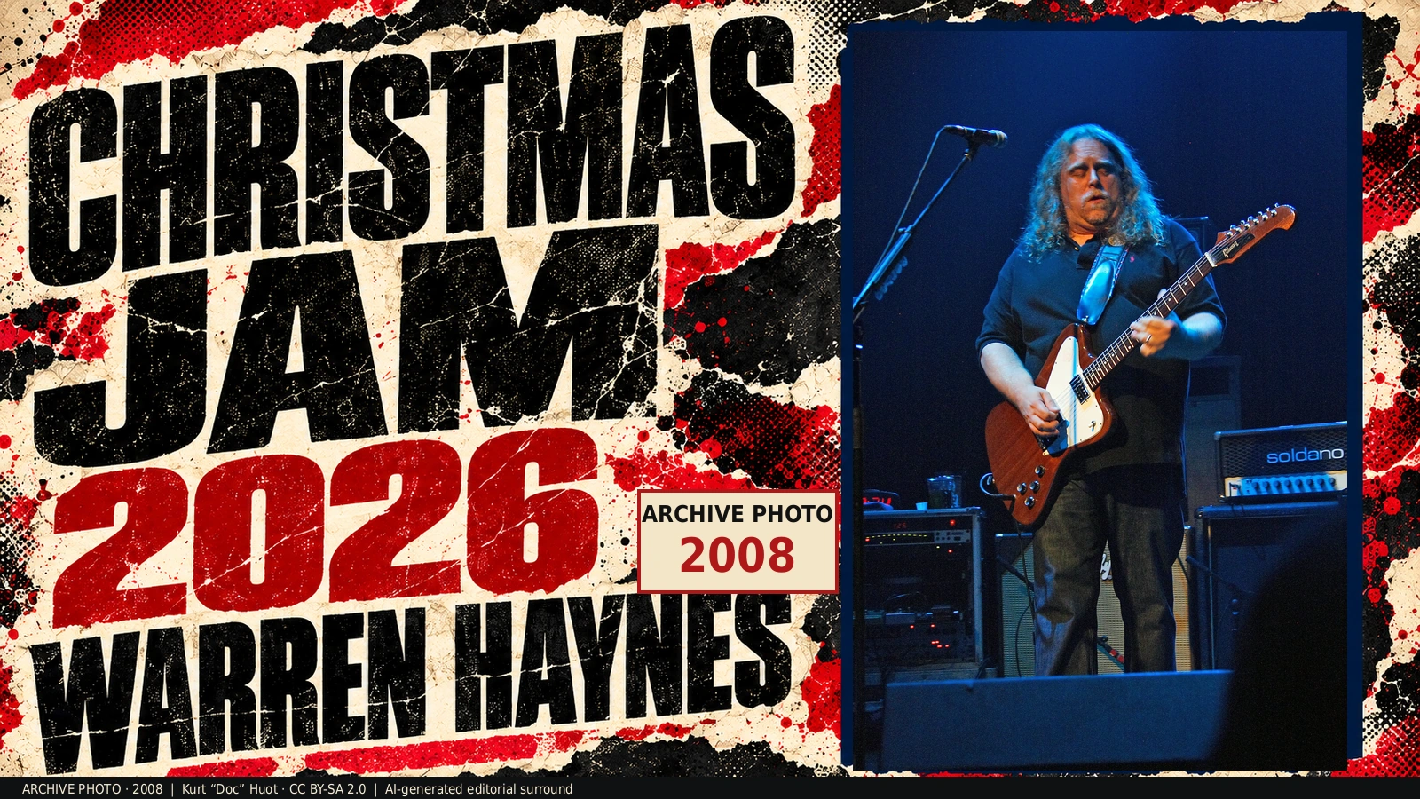 Christmas Jam 2026 editorial artwork with an archive photograph of Warren Haynes playing guitar in 2008