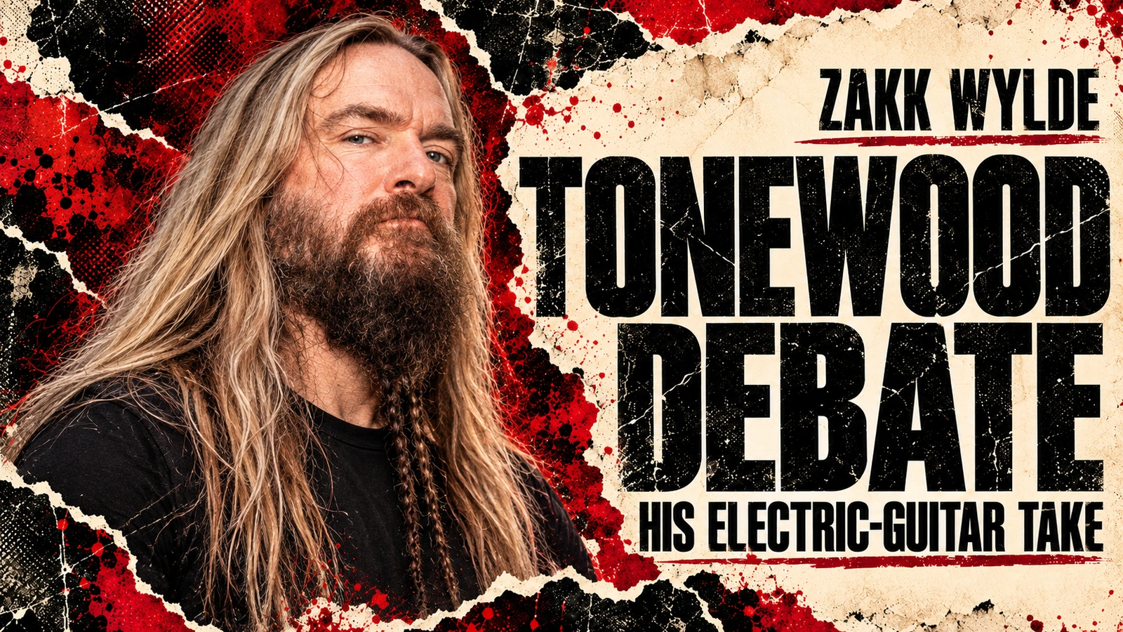 Editorial illustration of Zakk Wylde beside the words Tonewood Debate and His Electric-Guitar Take.