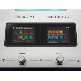 Official product image of the silver Zoom NEURIG processor, showing two touchscreens and four footswitches