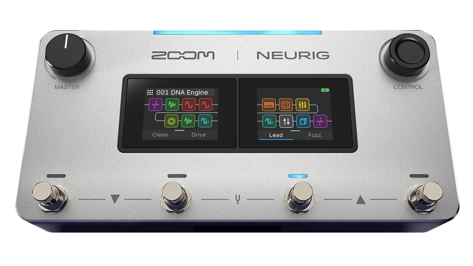 Official product image of the silver Zoom NEURIG processor, showing two touchscreens and four footswitches