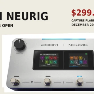 Editorial layout showing a Fender Stratocaster guitar beside the Zoom NEURIG modeler, with $299.99 US preorder price and capture planned for December 2026.